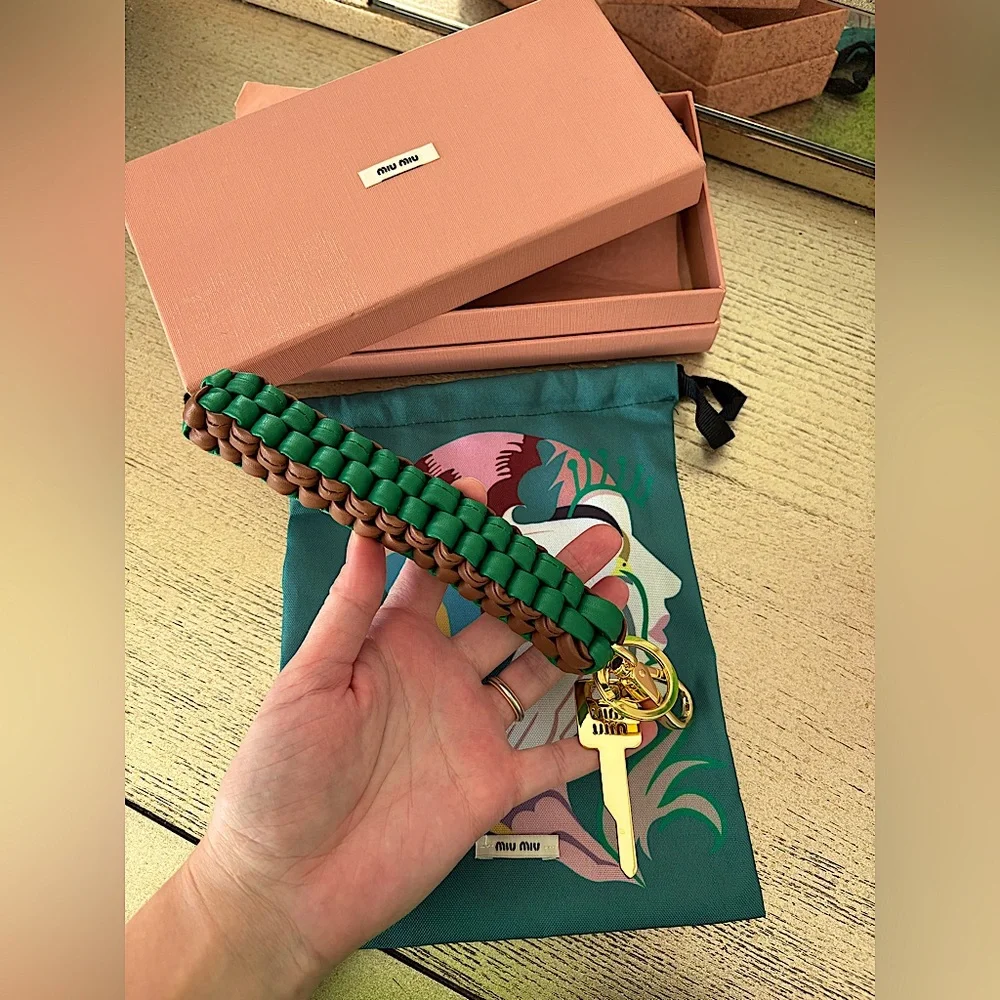Miu Miu Leather Keychain Trick in Cognac/Mango Braided With Snap-Hook Logo - Picture 8 of 15